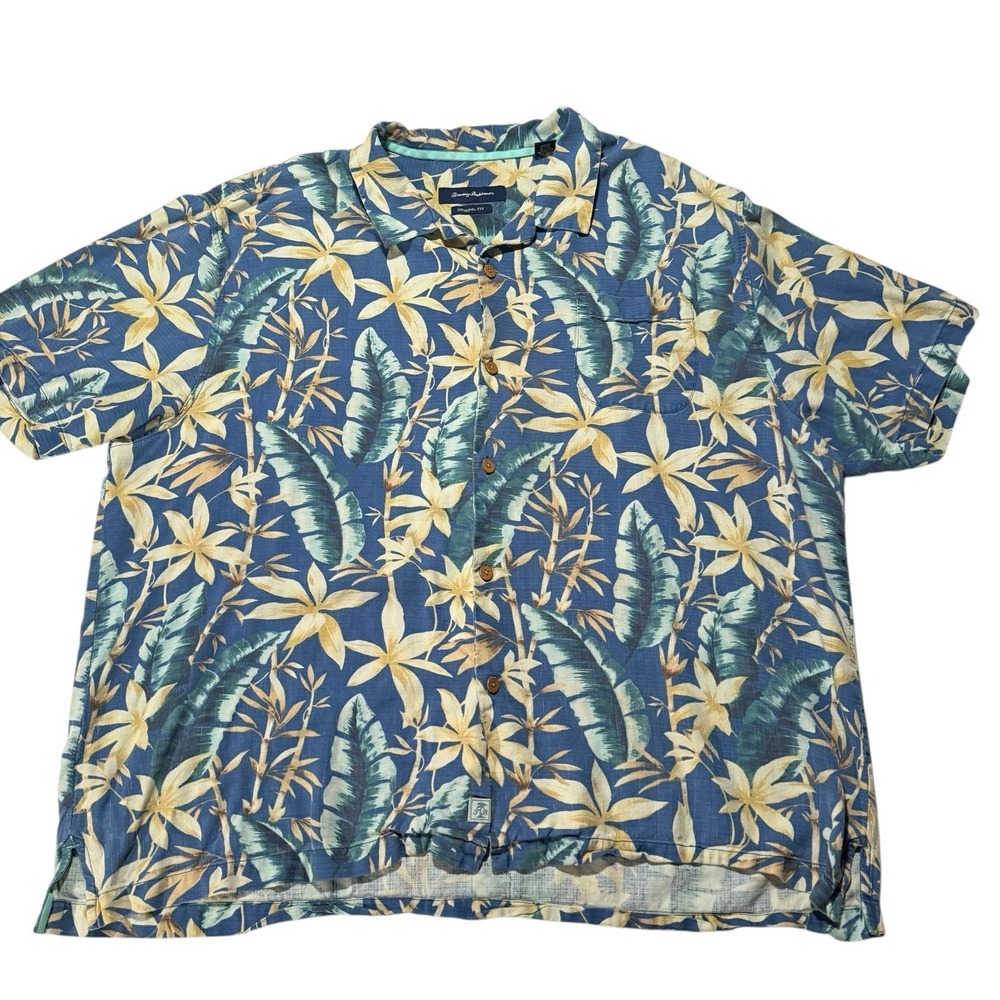 Tommy Bahama Silk Hawaiian Shirt 3XL Blue Floral Original Fit Camp Casual